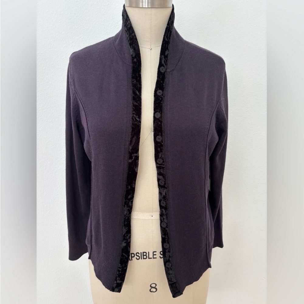 NIC+ZOE ‘Party’ Cardigan NWT Nightshade Velvet Trim Lightweight Snap Fitted M